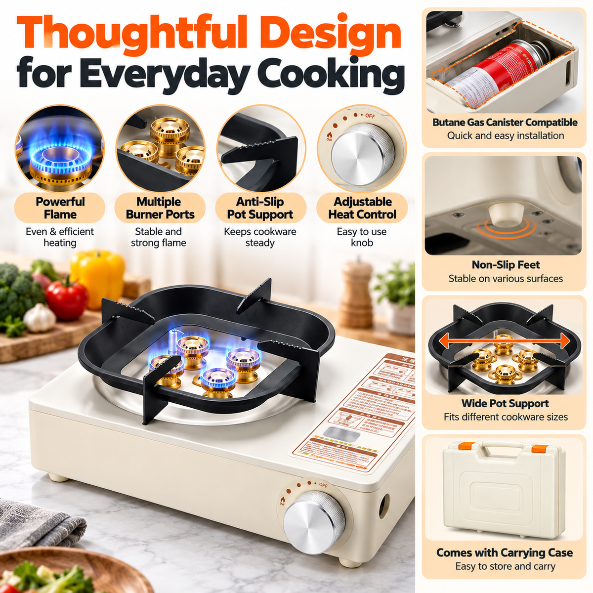 Single-burner camping stove suitable for preparing simple meals outdoors.