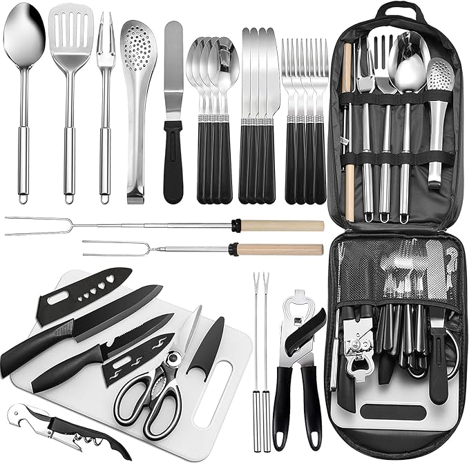 27-Piece portable camping kitchen utensil set with stainless steel cookware and grill tools