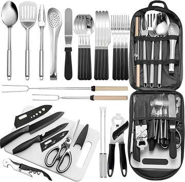 27-Piece portable camping kitchen utensil set with stainless steel cookware and grill tools
