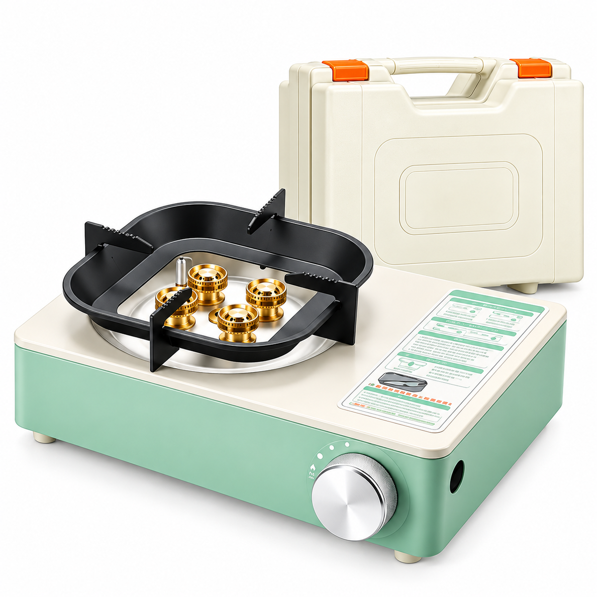 Compact outdoor gas burner suitable for preparing simple meals during camping trips.