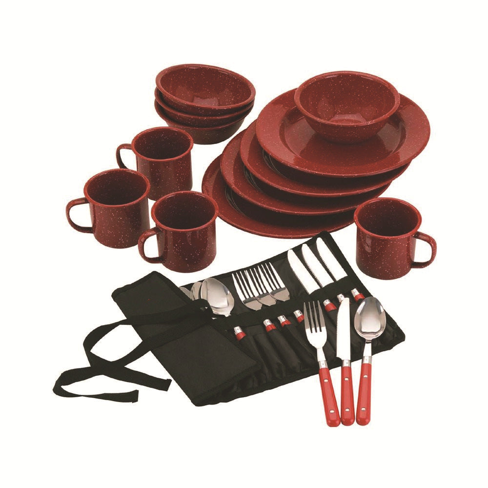 Complete outdoor dinnerware set with plates, bowls, cups, and flatware for camping and picnics