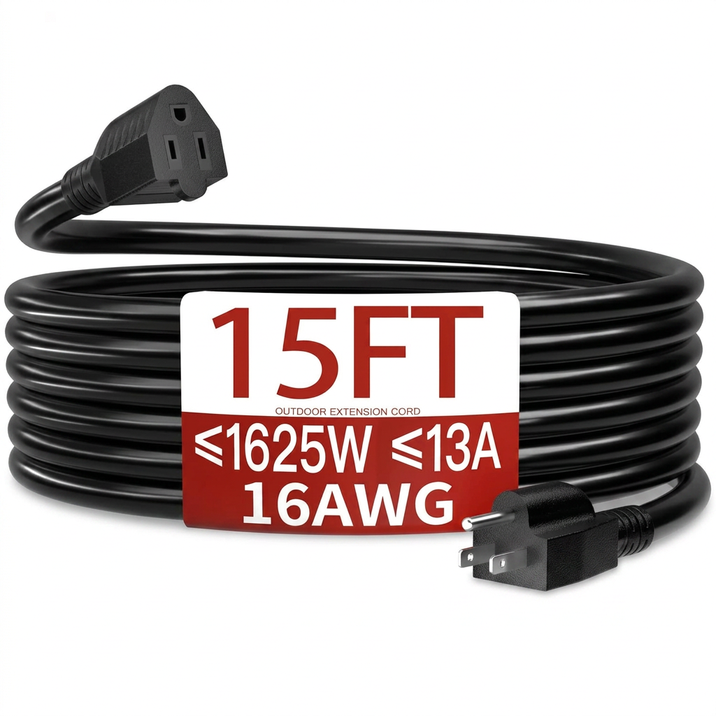 6/3 13A 125V 1625W outdoor extension cord with waterproof, weatherproof, and flame retardant features.
