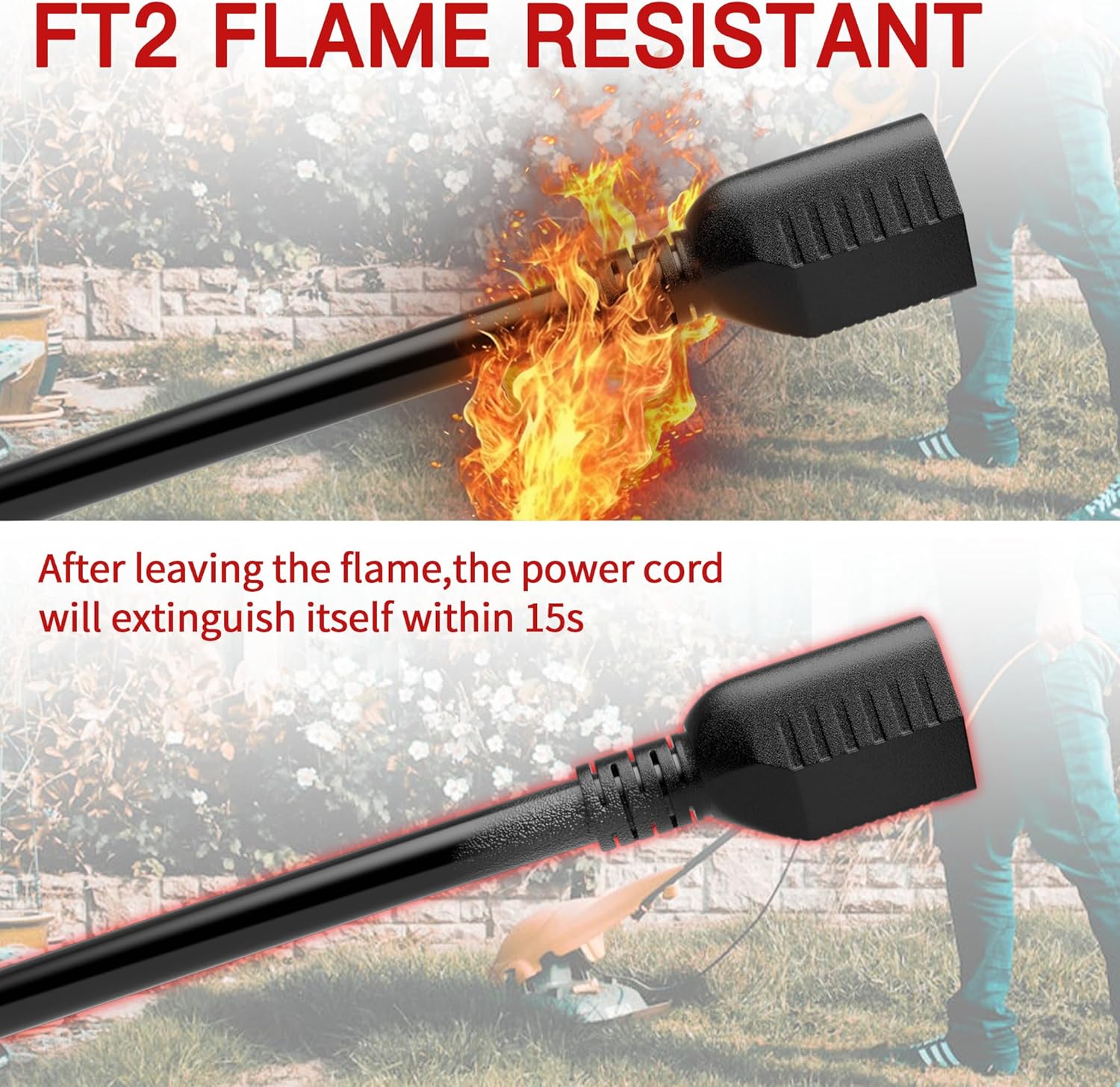 Close-up of 6/3 outdoor extension cord showing durable black SJTW construction and flame retardant material.