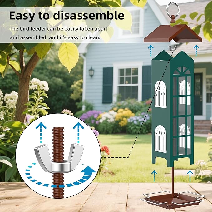 Outdoor metal bird feeder for finches, sparrows, cardinals, and small birds, suitable for garden, patio, yard, and balcony use.
