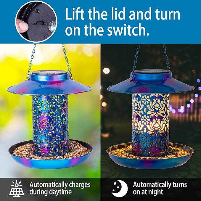 Outdoor Hanging Bird Feeder Metal Lantern with Solar Light