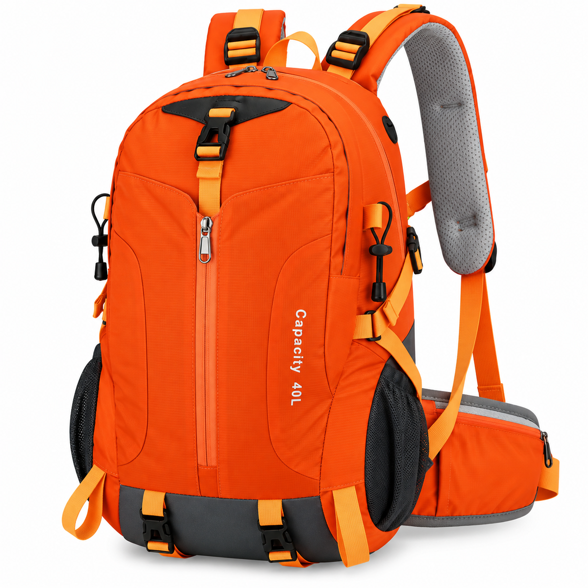 Large-capacity hiking bag with front zipper pocket and secure buckle closure