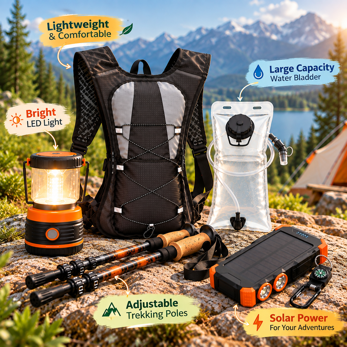 Hiking and camping equipment arranged together in an outdoor setting