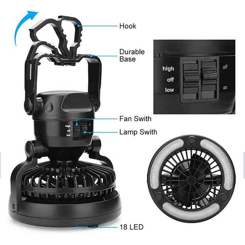 Rechargeable LED camping lantern with ceiling fan for convenient use