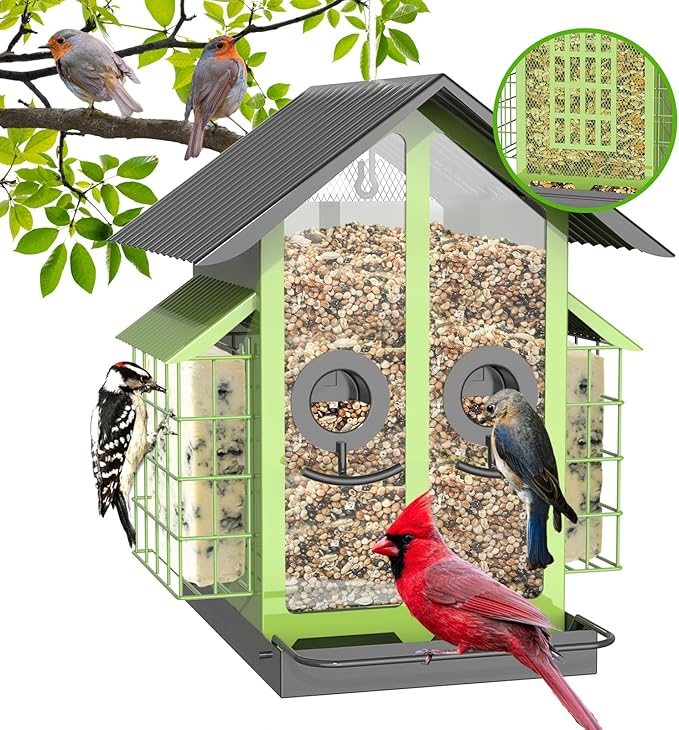 Outdoor metal bird feeder with double suet cage and seed compartment