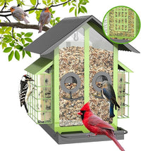 Outdoor metal bird feeder with double suet cage and seed compartment
