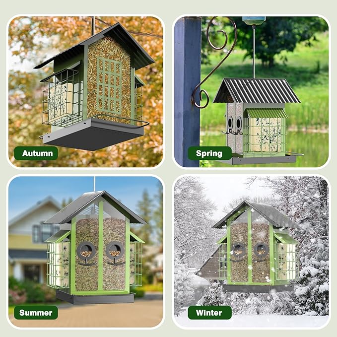 Outdoor hanging bird feeder with suet cage and seed compartment