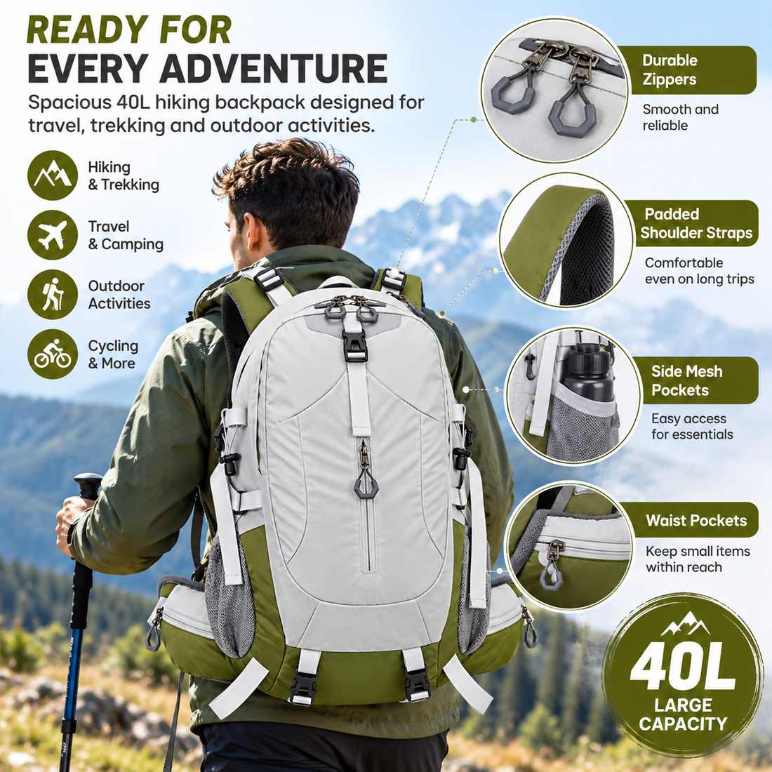 Outdoor trekking rucksack designed for camping and recreational hiking trips.