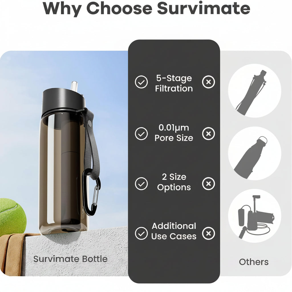 Outdoor water bottle with filter design for walking and travel