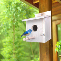 Wooden bird house with perch for outdoor use