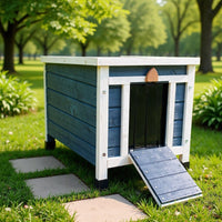 Outdoor wooden cat house for cats, rabbits, and small pets, suitable for garden, patio, and yard use.