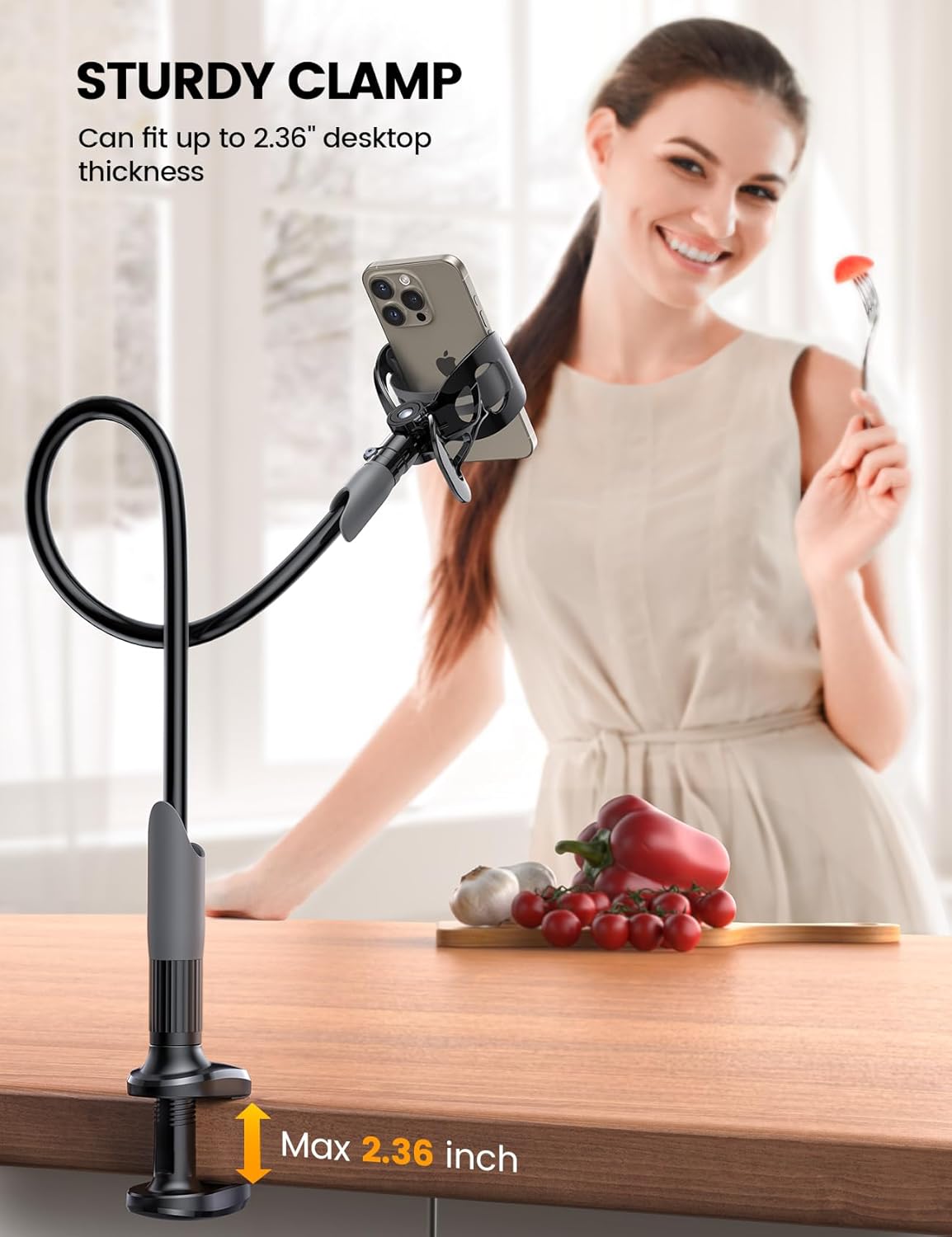 Overhead phone mount for bedside and desk use