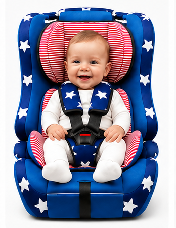 Padded child car seat with red and white striped cushions