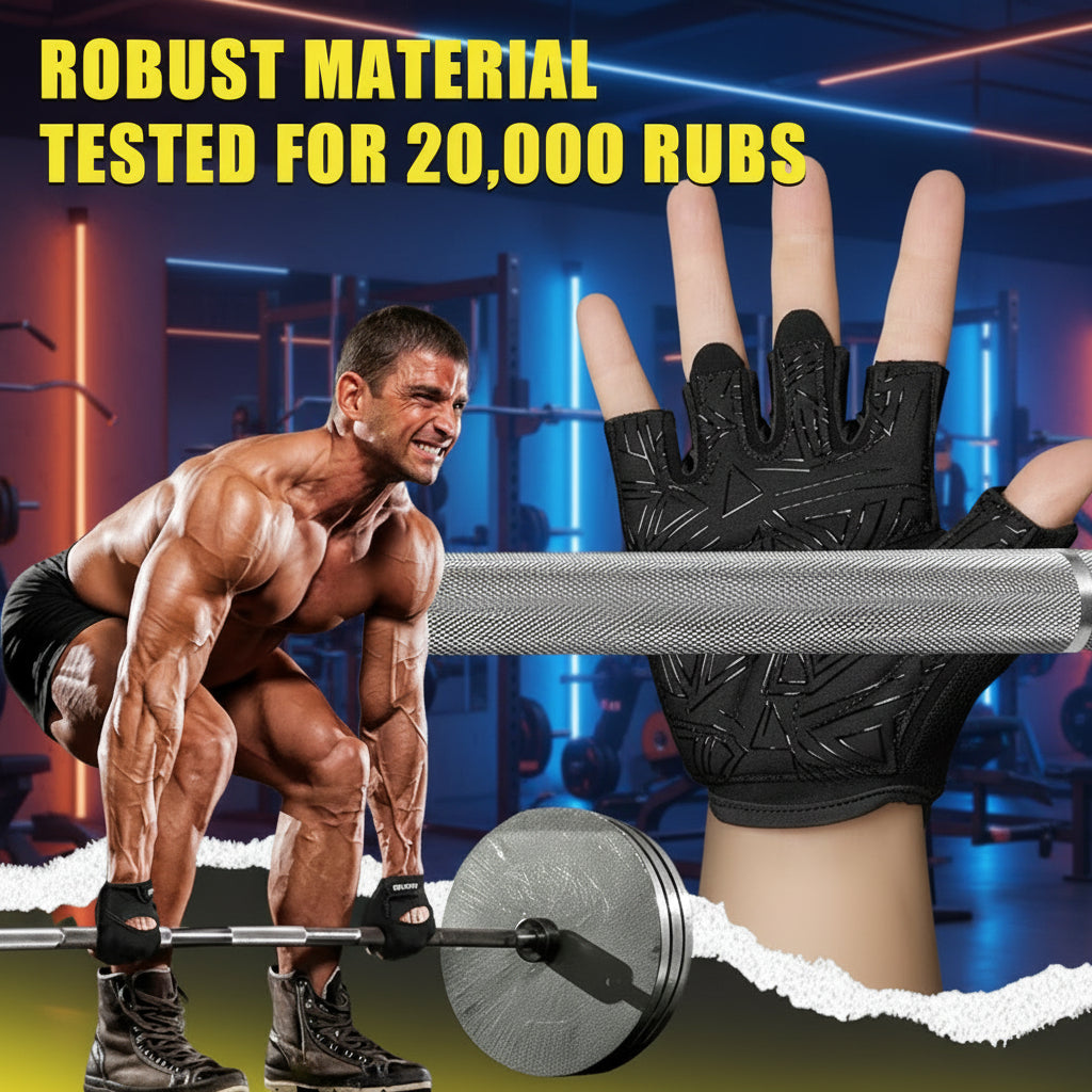 Pair of gym gloves with padded palm and adjustable wrist strap
