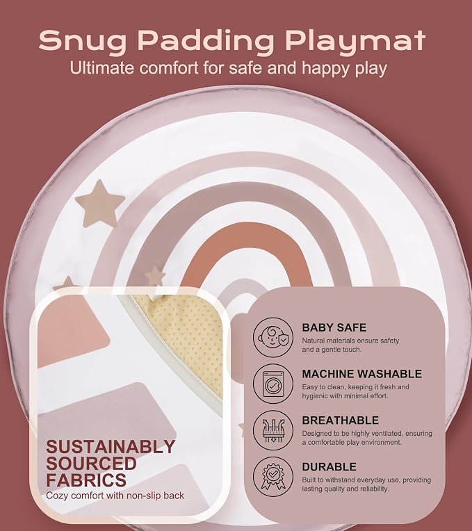 Padded baby sensory play mat with soft hanging activity toys