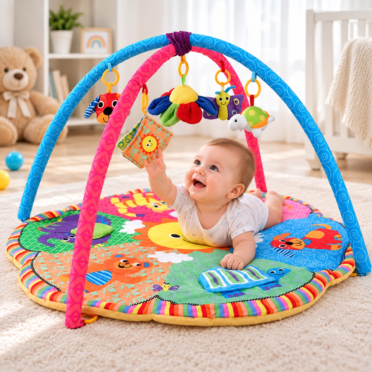 Padded infant floor mat with overhead activity arches and soft toys