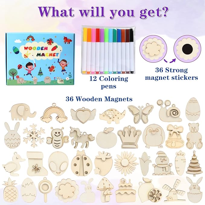 Painting craft kit with 36 wooden magnets for creative fun and artistic expression