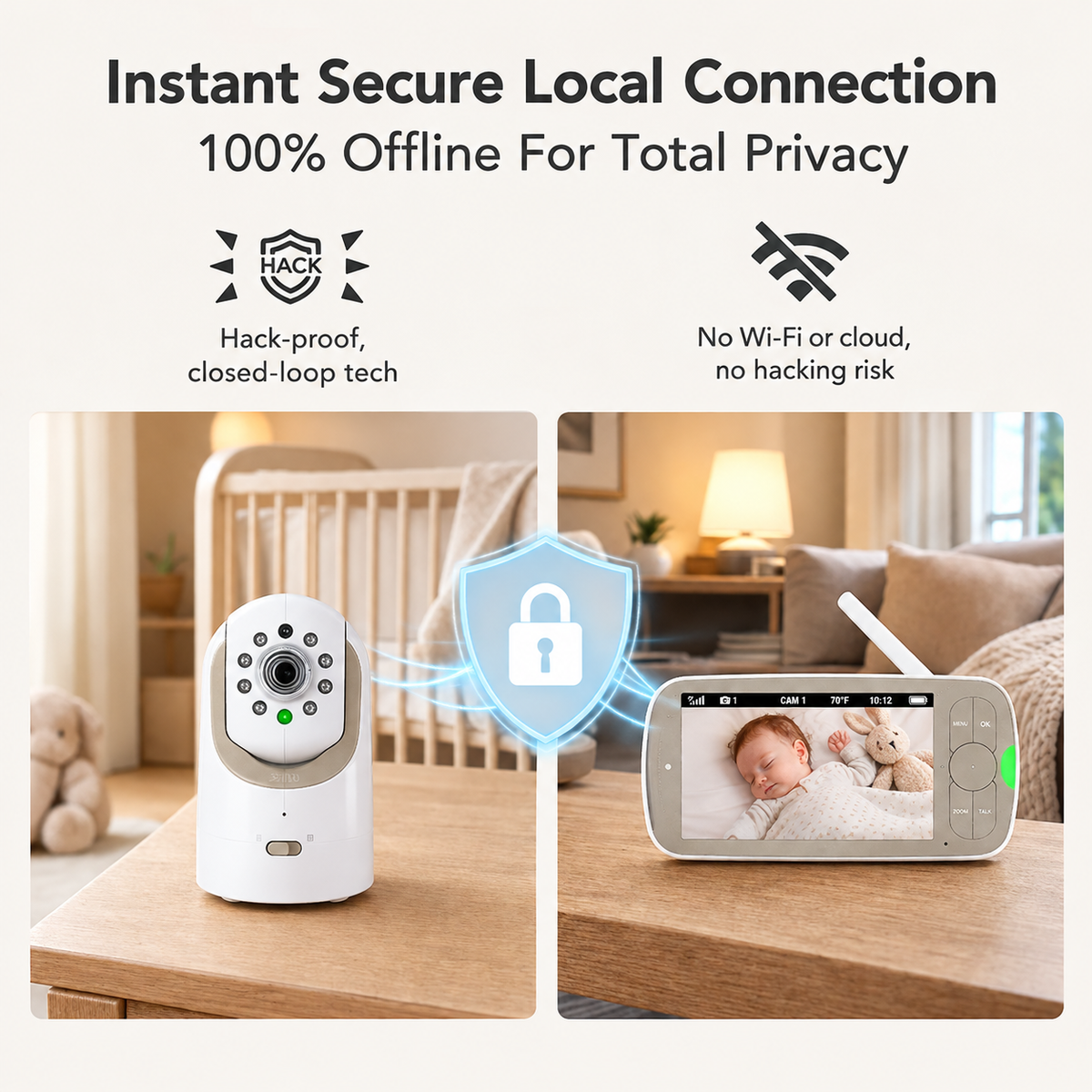 Parent screen paired with baby camera for checking an infant from another room