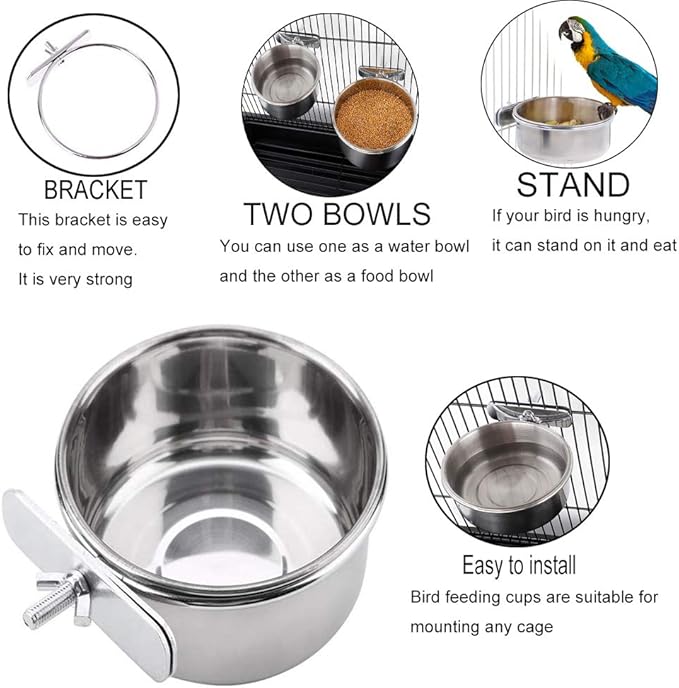Parrot Feeding Bowl with Clamp Stainless Steel Cage Accessory