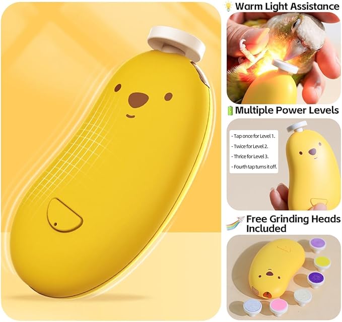 Complete Parrot Nail Grinder Kit with Beak and Nail Grinding Attachments, Yellow