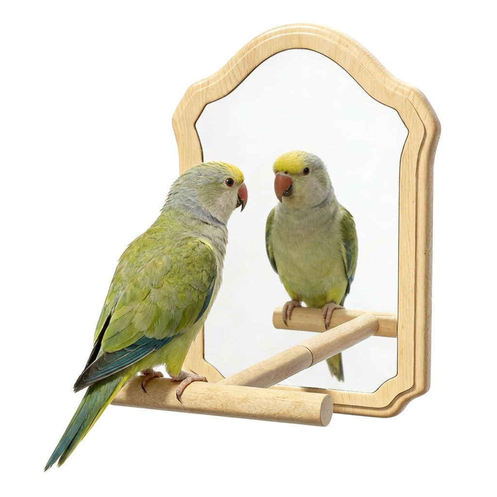 parrot standing mirror toy with chewing perch.