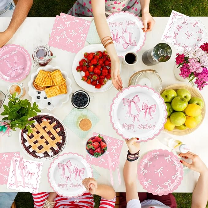 Party favors and decorations for girls’ birthday parties, pink bow theme