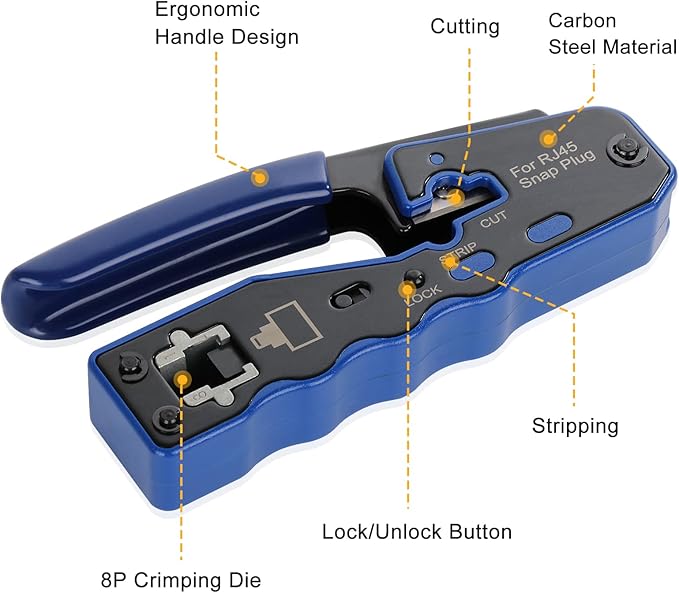 Pass-Thru Ethernet Crimp Tool for Cat5e, Cat6, and Cat6a cables with 8P8C Modular Connectors.