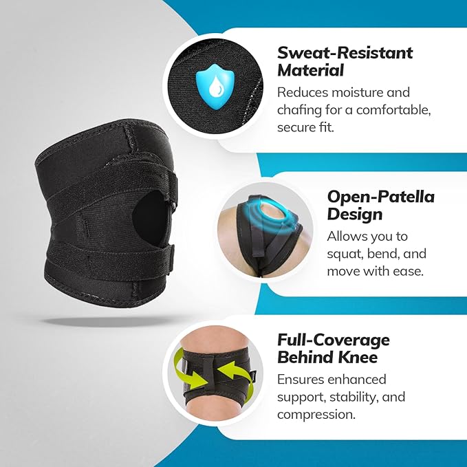 Back view of patella knee brace highlighting breathable material and dual stabilizers for joint stability
