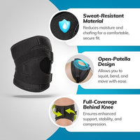 Back view of patella knee brace highlighting breathable material and dual stabilizers for joint stability