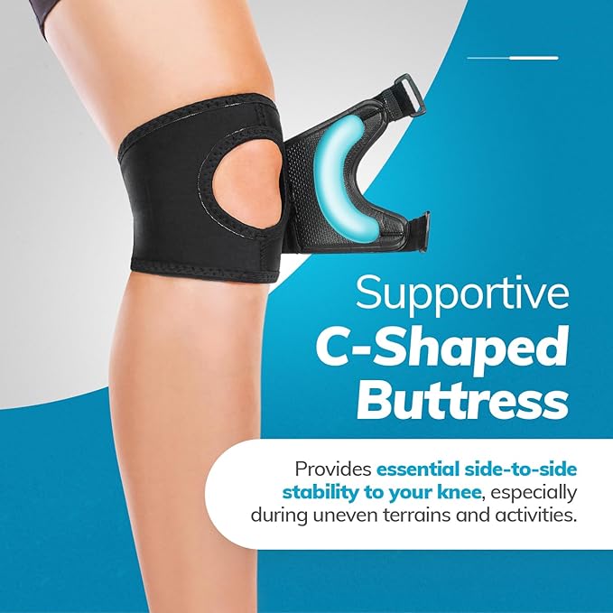 Patella knee brace worn during running and workouts providing pain relief and kneecap stabilization