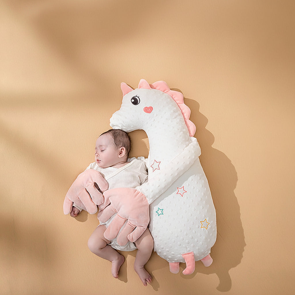 Patting pillow placed beside baby in supervised side hug position