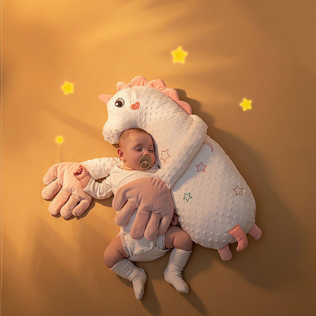 Baby sitting beside a character patting pillow during supervised play