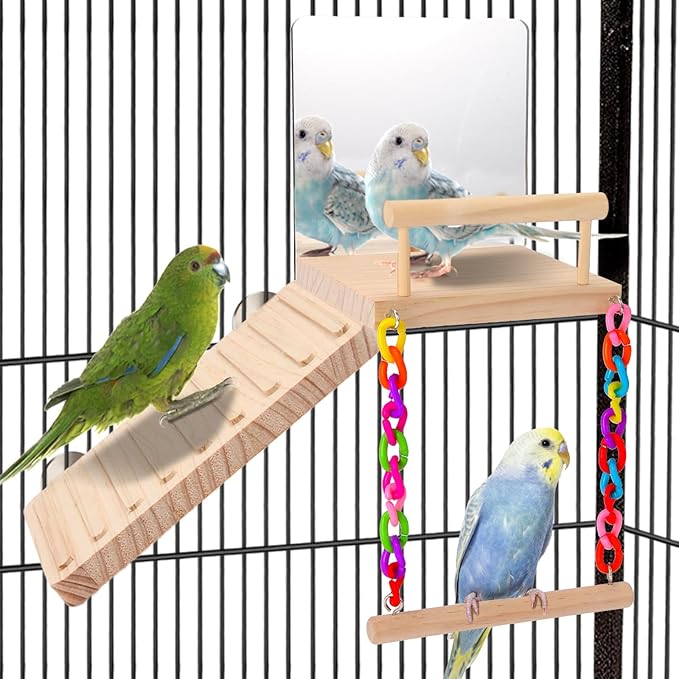 Perch Platform Bird Toys with Mirror & Climbing Ladder Swing for Birds
