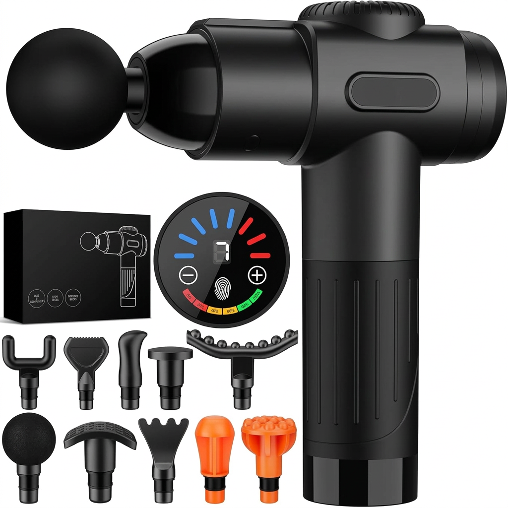 Percussion body massager with 10 heads in black front view