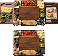Personalized acacia wood charcuterie board with serving accessories