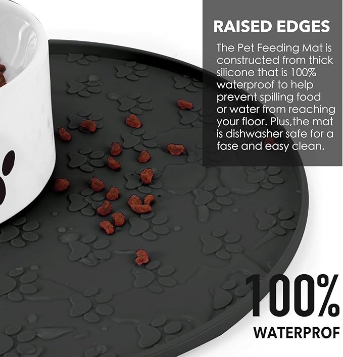 Front view of a black pet bowl mat