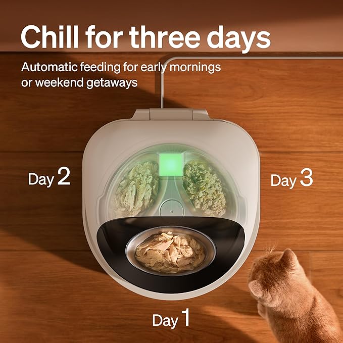Front view of smart pet food dispenser with stainless steel bowl