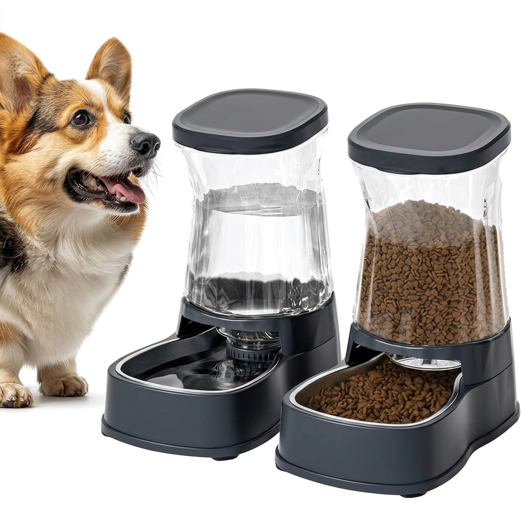 Front view of a pet food and water bowl set