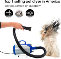 Pet hair dryer blower shown with hose and nozzle accessories