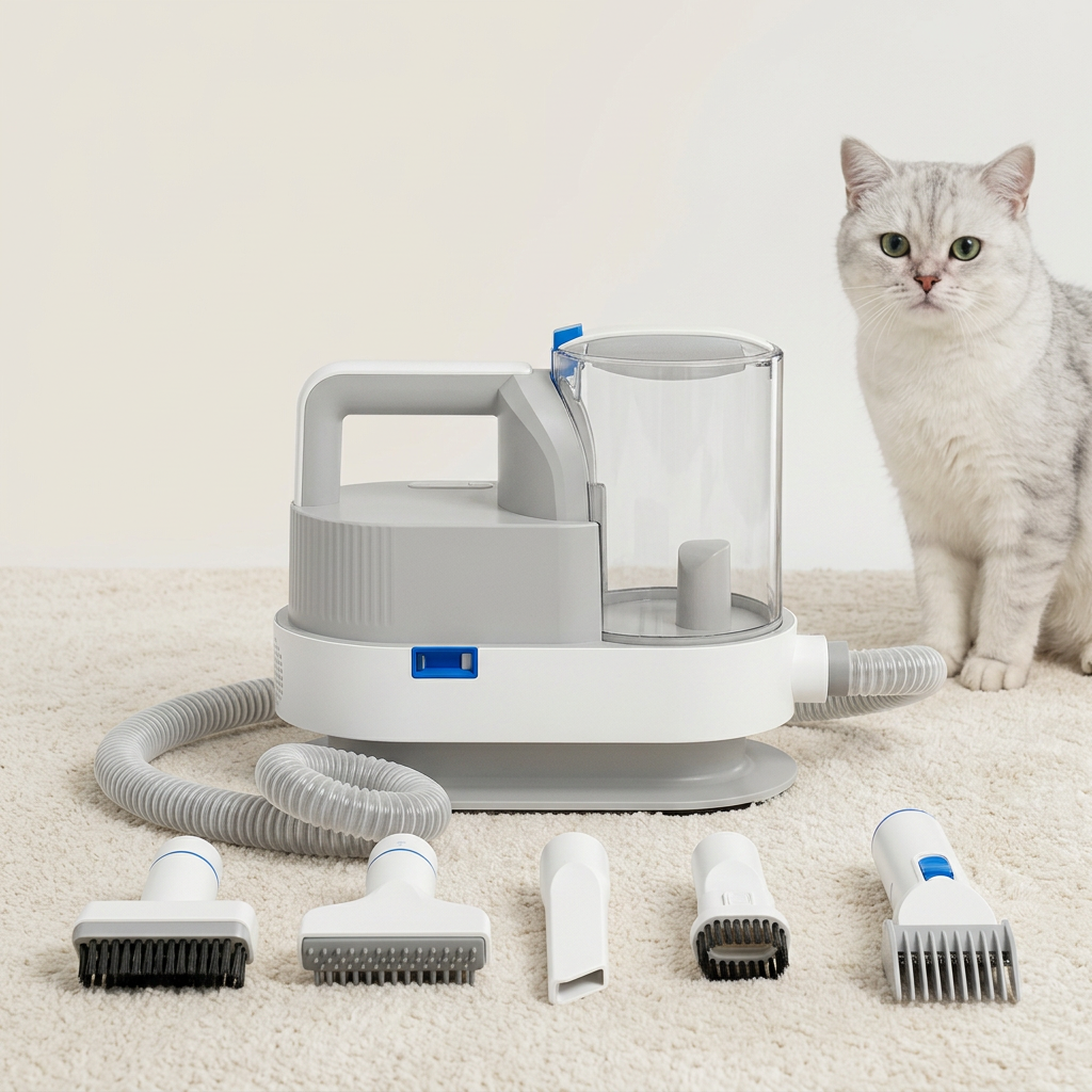 Pet hair vacuum grooming device for collecting loose hair during trimming