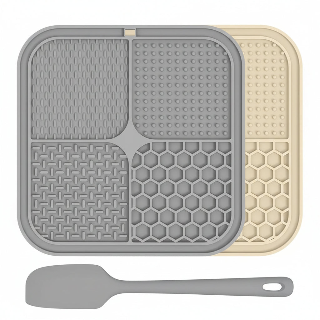 Two pet licking mats with textured surfaces and suction cups