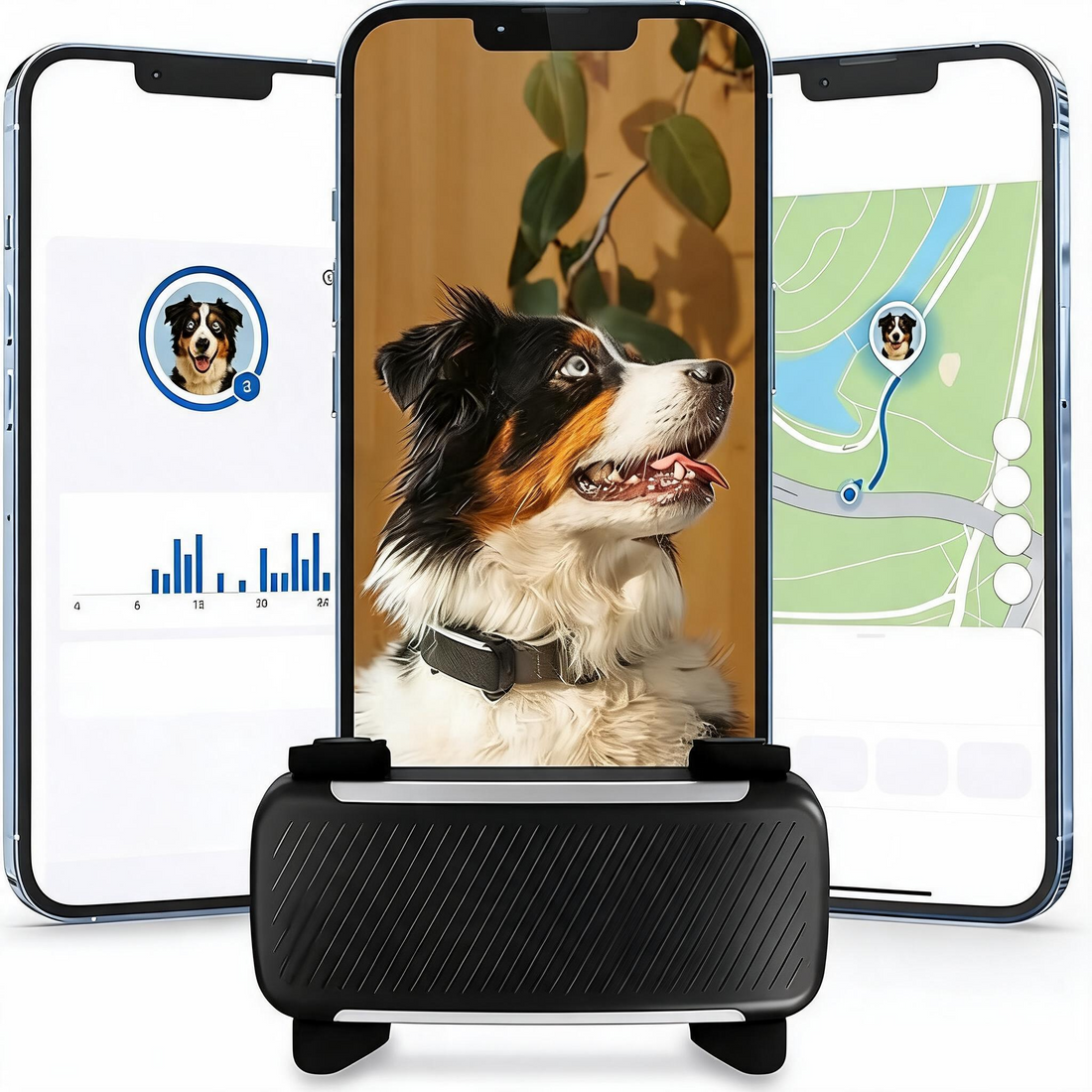 Smart pet collar location tag shown in package layout