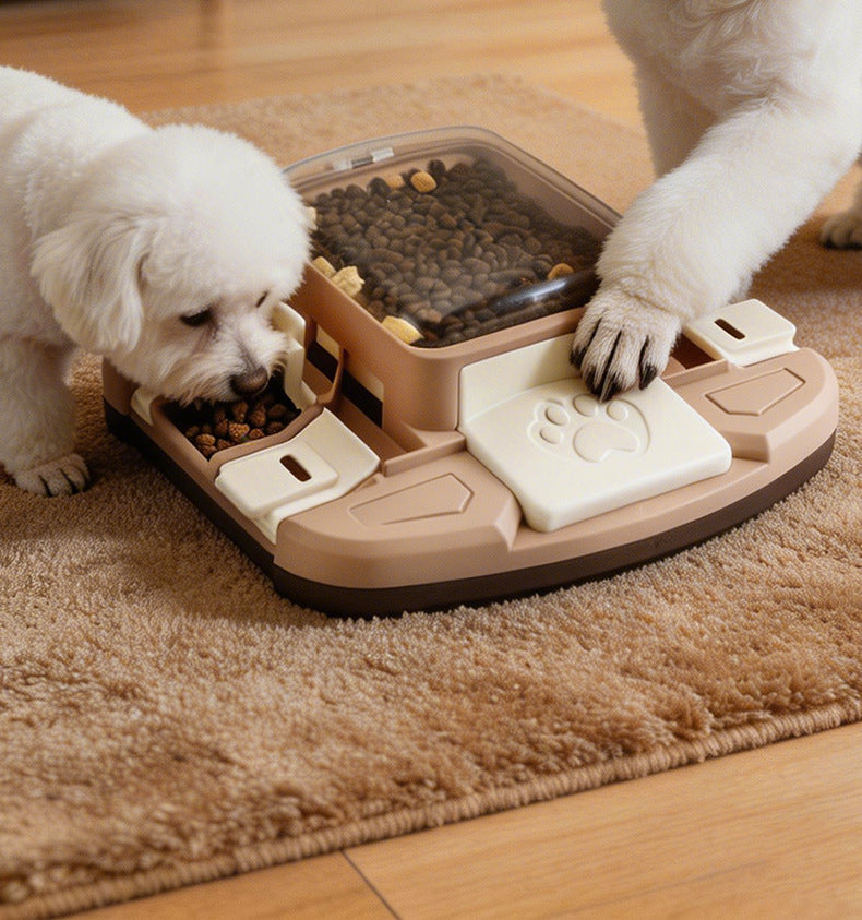 Pet treat dispensing puzzle toy with manual press-and-slide design