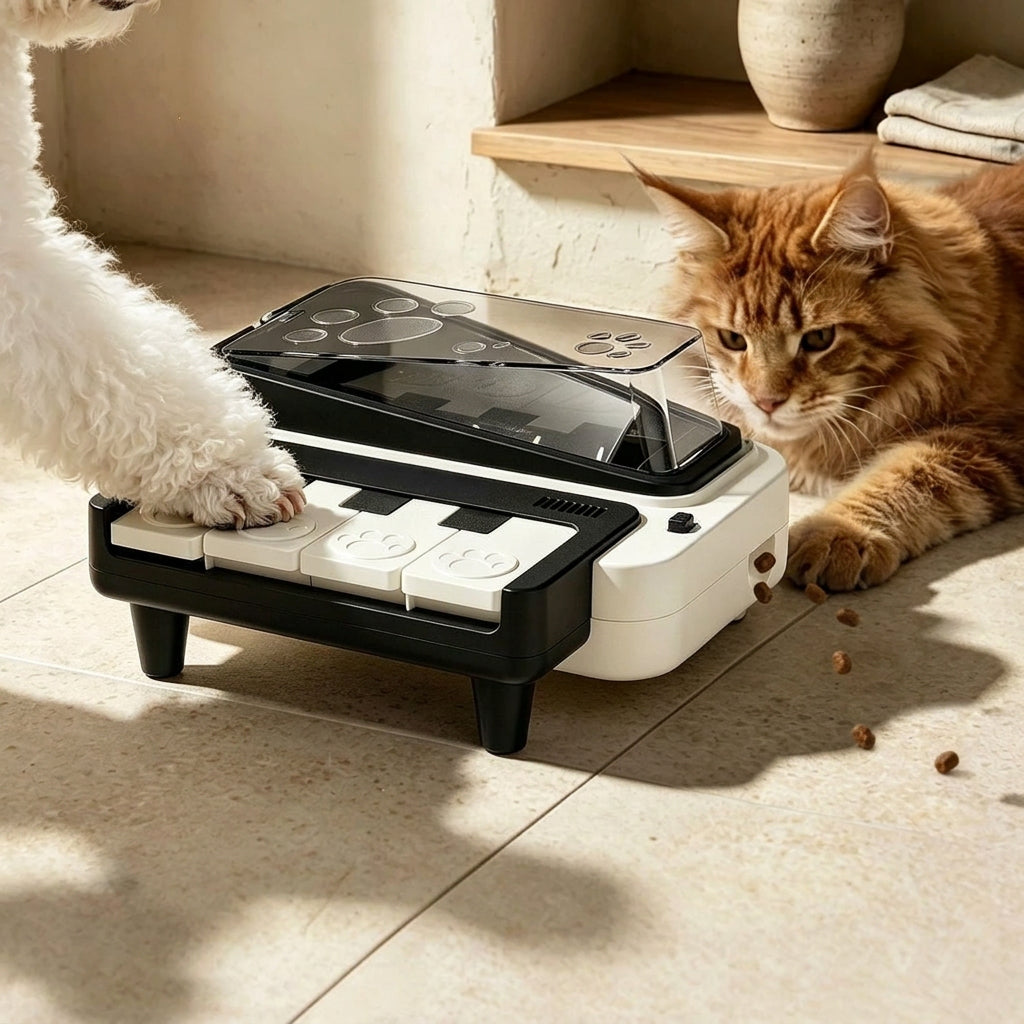 Interactive pet treat dispensing toy with colorful press buttons