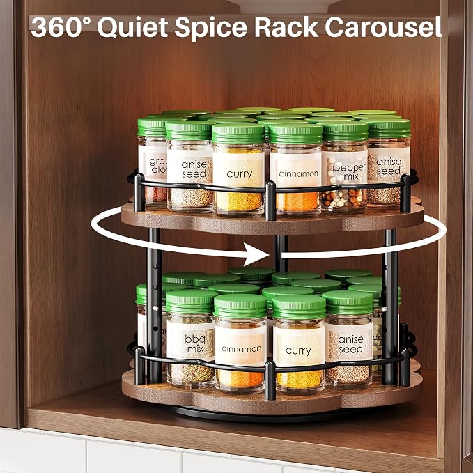 Petal-inspired wooden spice rack with rotating design