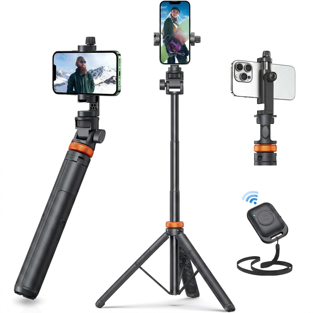 Mobile tripod with wireless remote control and selfie stick mode for hands-free photo capture